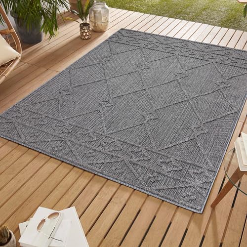 SIMPEX Outdoor Teppich Wetterfest 120 x 170 cm Grau Sisal Optik Boho Design - Balkon Teppich Wetterfest Waschbarer Küchenteppich - Für Terassen, Garten, Camping, Außen - Outdoor Carpet von SIMPEX