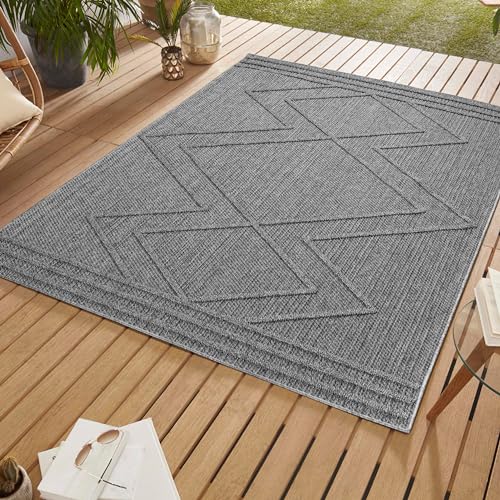 SIMPEX Outdoor Teppich Wetterfest 140 x 200 cm Grau Sisal Optik Boho Design - Balkon Teppich Wetterfest Waschbarer Küchenteppich - Für Terassen, Garten, Camping, Außen - Outdoor Carpet von SIMPEX