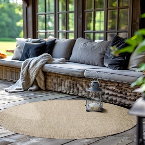 SIMPEX Outdoor Teppich Rund,Terrasse Balkon Garten Küchenteppich Einfarbiges Design Wetterfest Flachgewebe Sisal Look Waschbarer Teppich, Größe: 160 cm Rund, Farbe: Beige von SIMPEX