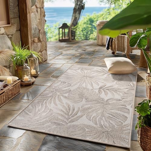 SIMPEX Outdoor Teppich Wetterfest Beige 80x250 cm Läufer, UV-beständig, ideal für Küche, Balkon, Terrasse auch Wohnzimmer und Esszimmer, Palmblätter-Design, Pfelgeleicht von SIMPEX