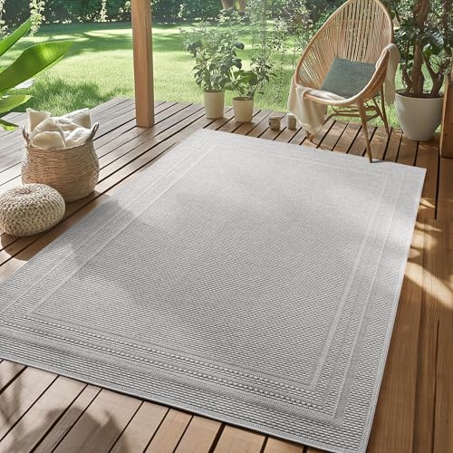 SIMPEX Outdoor Teppich Wetterfest Grau 120x170 cm, UV-beständig, ideal für Küche, Balkon, Terrasse, Garten Wohnzimmer Esszimmer, Einfarbiges Design mit Bordüre, Pfelgeleicht von SIMPEX