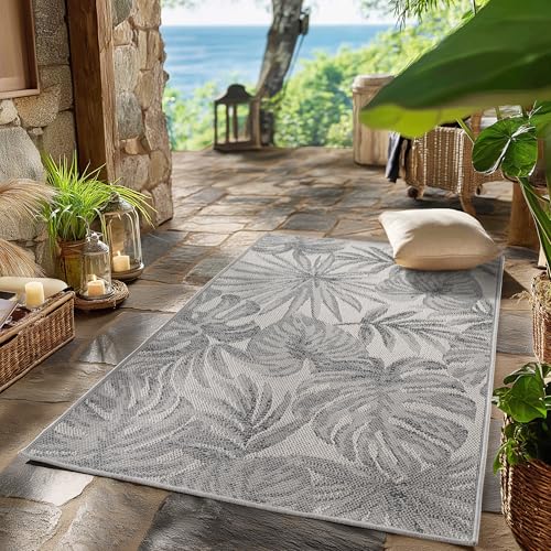 SIMPEX Outdoor Teppich Wetterfest Grau 80x250 cm Läufer, UV-beständig, ideal für Küche, Balkon, Terrasse auch Wohnzimmer und Esszimmer, Palmblätter-Design, Pfelgeleicht von SIMPEX