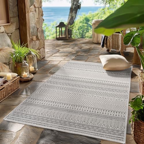 SIMPEX Outdoor Teppich Wetterfest Grau 80x250 cm Läufer, UV-beständig, ideal für Küche, Balkon, Terrasse auch Wohnzimmer und Esszimmer, Skandinavisches Boho-Design, Pfelgeleicht von SIMPEX