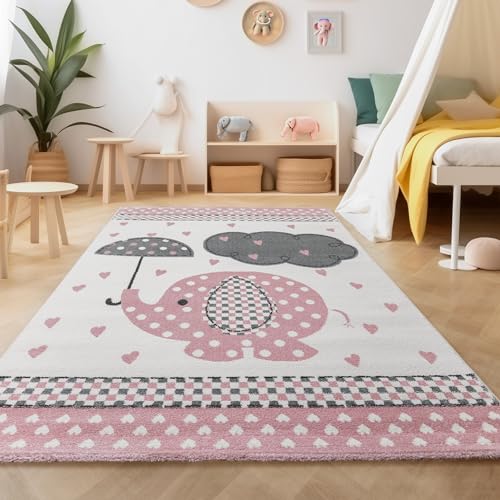 SIMPEX Teppich Kinderzimmer Elefanten-Design Kurzflor Kinderteppich mädchen Spielteppich Modern Design Babyzimmer Teppiche für Junge und Mädchen Extra Weich 120 x 170 cm Pink von SIMPEX