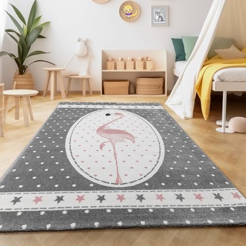 SIMPEX Teppich Kinderzimmer Flamingo Design Kurzflor Kinderteppich mädchen Spielteppich Modern Design Babyzimmer Teppiche für Junge und Mädchen Extra Weich und Antiallergen 80 x 150 cm von SIMPEX
