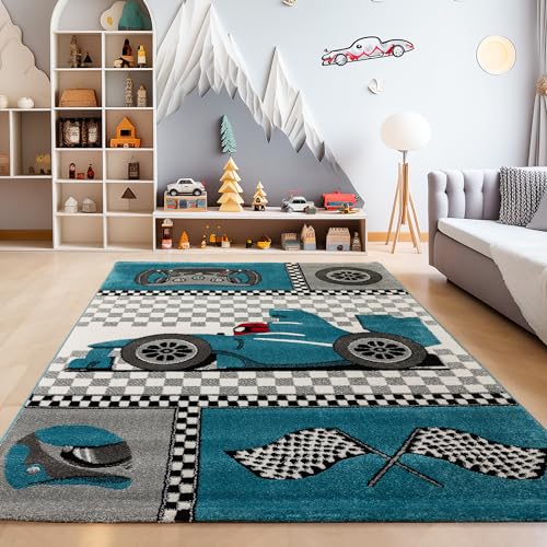 SIMPEX Teppich Kinderzimmer Rennwagen Design Blau Kurzflor Kinderteppich mädchen Spielteppich Modern Design Babyzimmer Teppiche für Junge und Mädchen Extra Weich 120 x 170 cm von SIMPEX