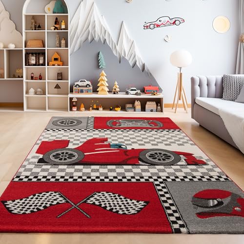 SIMPEX Teppich Kinderzimmer Rennwagen Design Rot Kurzflor Kinderteppich mädchen Spielteppich Modern Design Babyzimmer Teppiche für Junge und Mädchen Extra Weich 80 x 150 cm von SIMPEX
