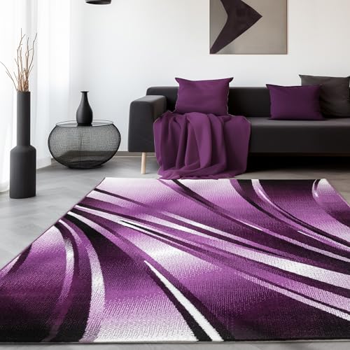 SIMPEX Teppich Wohnzimmer Schlafzimmer Esszimmer Teppich Läufer Flur Küchenteppich Modernes Wellen Muster Soft & Weich Kurzflor Pflegeleicht Home Farbe: Violett, 200 x 290 cm, von SIMPEX