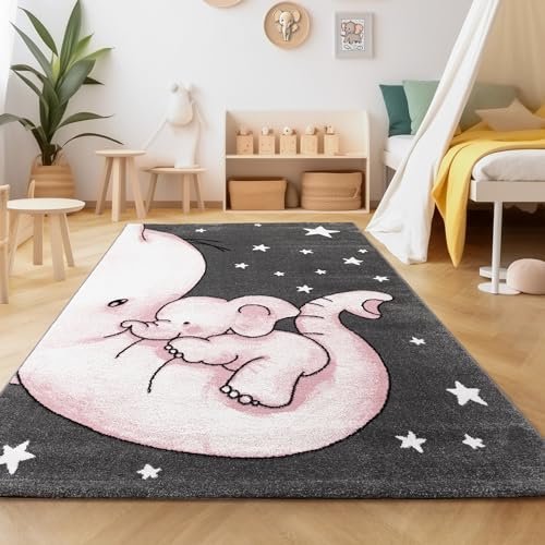 SIMPEX Teppich Rund Kinderzimmer Elefant Design Kurzflor Kinderteppich mädchen Spielteppich Modern Design Babyzimmer Teppiche für Junge und Mädchen Extra Weich und Antiallergen Pink 160 cm Rund von SIMPEX