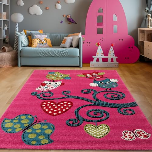 SIMPEX Teppich Rund Kinderzimmer Eulenmuster Violett Kurzflor Kinderteppich mädchen Spielteppich Eulen Design Babyzimmer Teppiche für Junge und Mädchen Extra Weich und 120 cm Rund von SIMPEX
