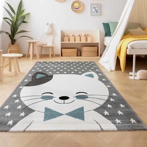 SIMPEX Teppich Rund Kinderzimmer Katze Design Kurzflor Kinderteppich mädchen Spielteppich Modern Design Babyzimmer Teppiche für Junge und Mädchen Weich Blau 120 cm Rund von SIMPEX