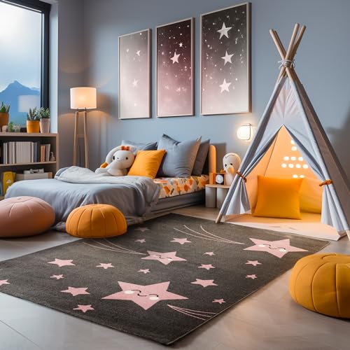 SIMPEX Teppich Rund Kinderzimmer süßes Stern-Design Kurzflor Kinderteppich mädchen Spielteppich Modern Design Babyzimmer Teppiche für Junge und Mädchen Extra Weich und Antiallergen 120 cm Rund von SIMPEX