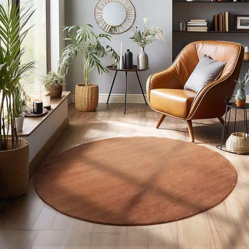 SIMPEX Teppich Wohnzimmer Schlafzimmer Esszimmer Läufer Flur Flauschiger Teppich Waschbar rutschfest Soft Weich Carpet Kurzflor Größen, Braun, 200 cm Rund von SIMPEX