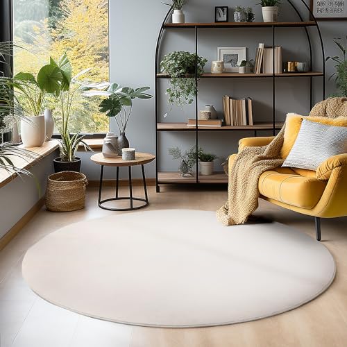 SIMPEX Teppich Rund Wohnzimmer Creme Schlafzimmer Esszimmer Läufer Flur Flauschiger Teppich Waschbar rutschfest Soft Weich Carpet Kurzflor Größe: 120 cm Rund von SIMPEX