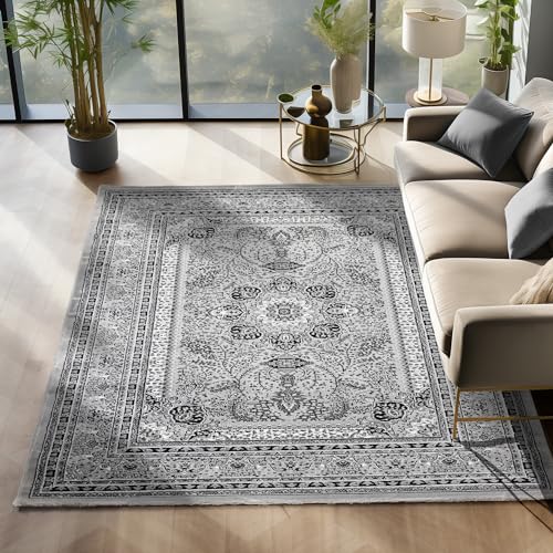 SIMPEX Orientalischer Teppich Wohnzimmer, Schlafzimmer, Esszimmer, Läufer, Flur Kurzflor Soft & Weich 12 mm Carpet Orient - Größe: 200 x 290 cm Farbe: Grau von SIMPEX