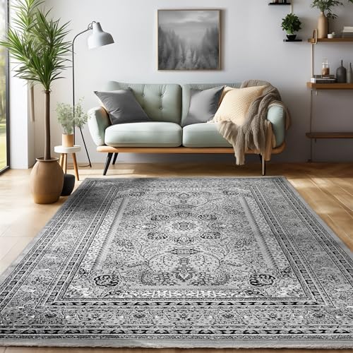 SIMPEX Orientalischer Teppich Wohnzimmer, Schlafzimmer, Esszimmer, Läufer, Flur Boho Teppich Kurzflor Weich 12 mm Carpet Orient, Grau, 200 x 290 cm von SIMPEX