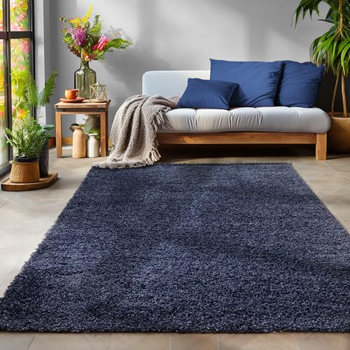 SIMPEX Flauschiger Teppich Wohnzimmer Navyblau Schlafzimmer Läufer Flur Esszimmer Küchenteppich Hochflor Einfarbig Modernes Design 30 mm Florhöhe Kuschelweich Größe: 160 x 230 cm von SIMPEX