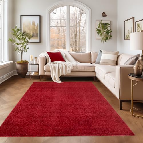SIMPEX Kurzflor Teppich Wohnzimmer Schlafzimmer Läufer Flur Esszimmer Küchenteppich Einfarbig Modernes Design 11 mm Florhöhe Flauschig Kuschelweich, Rot, 160 x 230 cm von SIMPEX