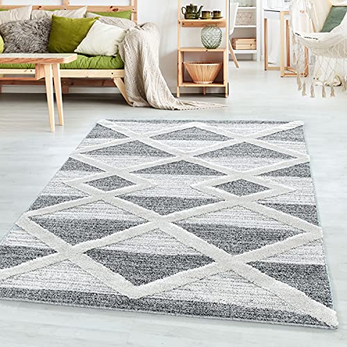 SIMPEX Teppich Wohnzimmer Geometrisch Design Hoch-Tief Effekt 3D 80 x 250 cm Grau Läufer - Hochflor Teppich Schlafzimmer Küchenteppich Weich Pflegeleicht - Flauschiger Teppich für Esszimmer Gastzimmer von SIMPEX