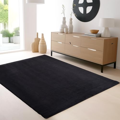 SIMPEX Teppich Wohnzimmer Schlafzimmer Esszimmer Läufer Flur Flauschiger Teppich Waschbar rutschfest Soft Weich Carpet Kurzflor Größen, Schwarz, 200 x 290 cm von SIMPEX