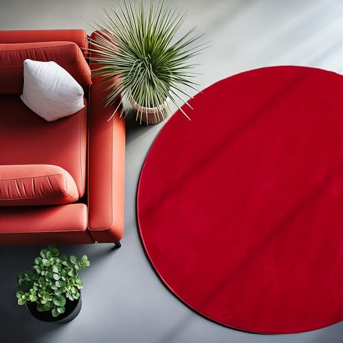 SIMPEX Teppich Wohnzimmer Schlafzimmer Esszimmer Läufer Flur Flauschiger Teppich Waschbar rutschfest Soft Weich Carpet Kurzflor Größen, Rot, 120 cm Rund von SIMPEX