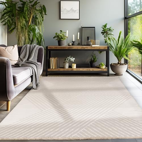 SIMPEX Teppich Wohnzimmer Schlafzimmer Kurzflor Deko Teppich Skandinavische Stil Geometrisch Design Modern Teppich Beige Einfarbig 3D Effekt Grösse: 140 x 200 cm, Farbe: Beige von SIMPEX