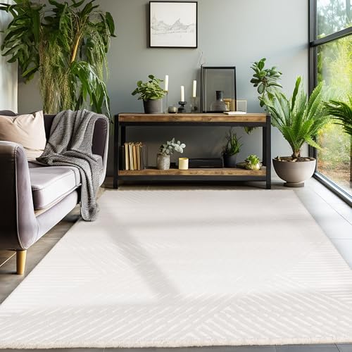 SIMPEX Wohnzimmer Schlafzimmer Teppich - Kurzflor, Skandinavischer Stil, Geometrisches Design, Modern, Creme, 3D Effekt - 140 x 200 cm von SIMPEX