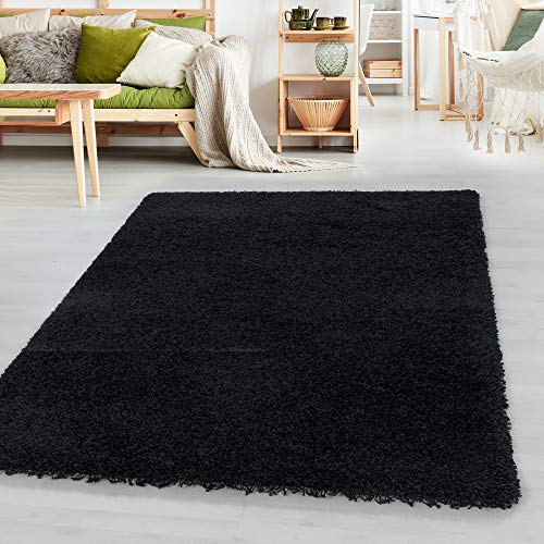 SIMPEX Teppich Wohnzimmer Shaggy 120 x 170 cm Schwarz Modern Einfarbig Design - Hochflor Teppich Schlafzimmer Pflegeleicht und Extra Weich - Teppich Flauschig für Küche Esszimmer Kinderzimmer Rug von SIMPEX