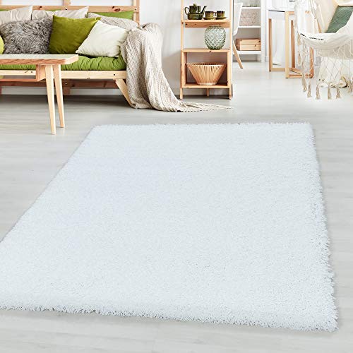 SIMPEX Teppich Wohnzimmer Shaggy 80 x 150 cm Weiß Modern Einfarbig Design - Hochflor Teppich Schlafzimmer Pflegeleicht und Extra Weich - Flauschiger Teppich Läufer für Küche Esszimmer Kinderzimmer von SIMPEX