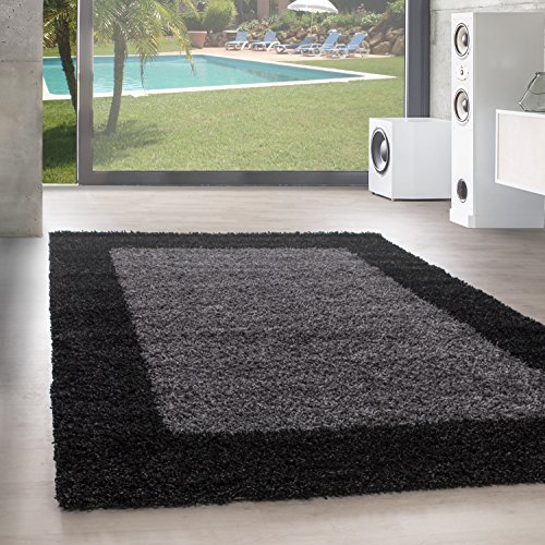 SIMPEX Teppich Wohnzimmer Shaggy Moderne Bordüre Design Anthrazit 240 x 340 cm - Hochflor Teppich Schlafzimmer Extra Weich und Pflegeleicht - Flauschiger Teppich Langflor für Küche Carpet Living Room von SIMPEX