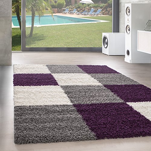 SIMPEX Teppich Wohnzimmer Shaggy Moderne Kariert Design Violett 200 x 290 cm - Hochflor Teppich Schlafzimmer Extra Weich und Pflegeleicht - Flauschiger Teppich Langflor für Küche Carpet Living Room von SIMPEX