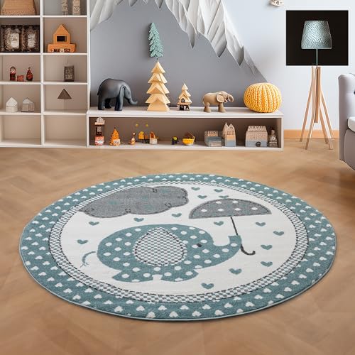 SIMPEX KinderTeppich, Elefant-Design, Teppich Blau, 120 cm Rund, Teppich für Kinder, Teppich Kinderzimmer von SIMPEX