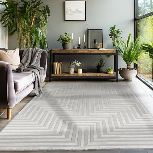 Kurzflor Teppich Wohnzimmer Beige Schlafzimmer Esszimmer Läufer Flur Küchenteppich Boho Teppich 3D Design Skandinavischer Stil Modern Weich, Silber, 160 x 230 cm von SIMPEX