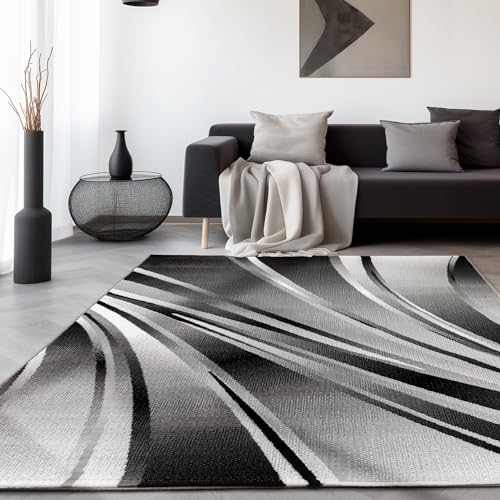 Teppich Wohnzimmer Schlafzimmer Esszimmer Teppich Läufer Flur Küchenteppich Modernes Wellen Muster Soft & Weich Kurzflor Pflegeleicht Home Farbe: Schwarz, 160 x 230 cm von SIMPEX