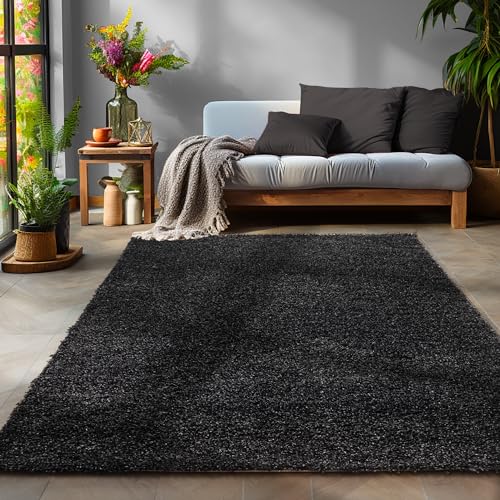 SIMPEX Flauschiger Teppich Wohnzimmer Schlafzimmer Läufer Flur Esszimmer Küchenteppich Hochflor Einfarbig Modernes Design 30 mm Florhöhe Kuschelweich, Anthrazit, 120 cm Rund von SIMPEX