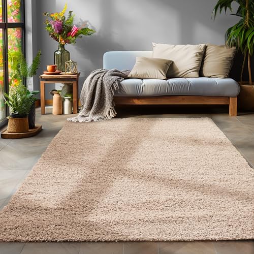 SIMPEX Flauschiger Teppich Wohnzimmer Schlafzimmer Läufer Flur Esszimmer Küchenteppich Hochflor Einfarbig Modernes Design 30 mm Florhöhe Kuschelweich, Beige, 120 cm Rund von SIMPEX