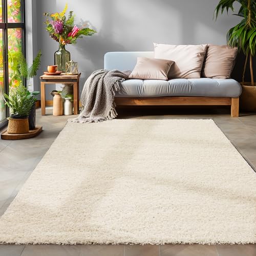 SIMPEX Flauschiger Teppich Wohnzimmer Schlafzimmer Läufer Flur Esszimmer Küchenteppich Hochflor Einfarbig Modernes Design 30 mm Florhöhe Kuschelweich, Creme, 120 cm Rund von SIMPEX