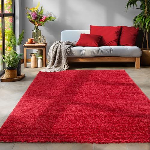 Flauschiger Teppich Wohnzimmer Schlafzimmer Läufer Flur Esszimmer Küchenteppich Hochflor Einfarbig Modernes Design 30 mm Florhöhe Kuschelweich, Rot, 120 x 170 cm von SIMPEX