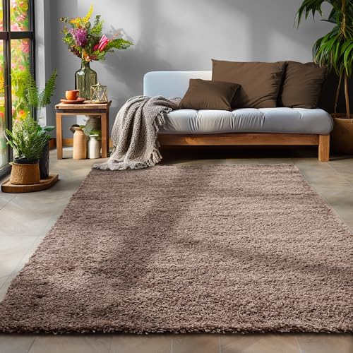 SIMPEX Flauschiger Teppich Wohnzimmer Schlafzimmer Läufer Flur Esszimmer Küchenteppich Hochflor Einfarbig Modernes Design 30 mm Florhöhe Kuschelweich, Taupe, 140 x 200 cm von SIMPEX