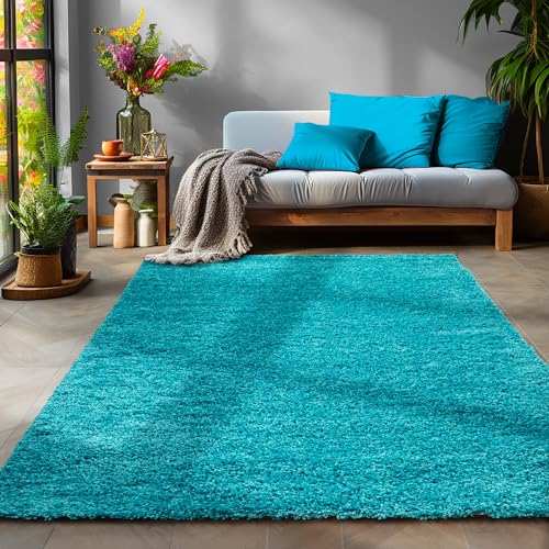 Flauschiger Teppich Wohnzimmer Schlafzimmer Läufer Flur Esszimmer Küchenteppich Hochflor Einfarbig Modernes Design 30 mm Florhöhe Kuschelweich, Türkis, 160 x 230 cm von SIMPEX