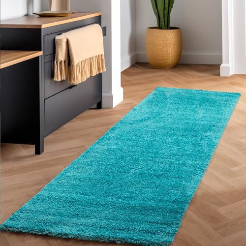 Teppich Wohnzimmer Shaggy Teppich Hochflor 60 x 110 cm Läufer Flur Türkis Einfarbig Modern Design - Teppich Schlafzimmer Waschbar Flauschig und Extra Weich für Esszimmer Kinderzimmer Küche von SIMPEX