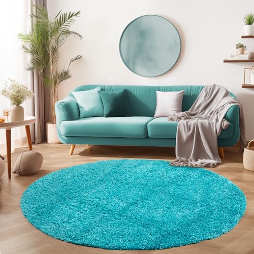 SIMPEX Flauschiger Teppich Wohnzimmer Schlafzimmer Läufer Flur Esszimmer Küchenteppich Hochflor Einfarbig Modernes Design 30 mm Florhöhe Kuschelweich, Türkis, 80 cm Rund von SIMPEX