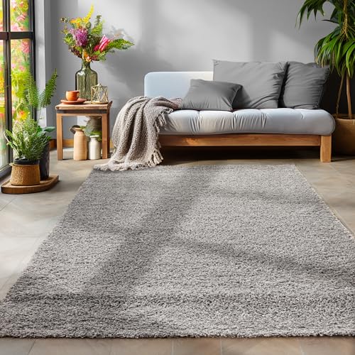 Flauschiger Teppich Wohnzimmer Schlafzimmer Läufer Flur Esszimmer Küchenteppich Hochflor Einfarbig Modernes Design 30 mm Florhöhe Kuschelweich, Hellgrau, 80 x 150 cm von SIMPEX
