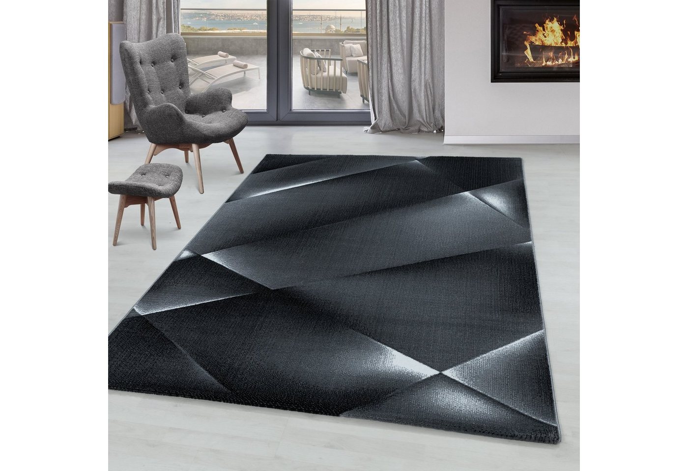 Designteppich Abstrakt Design, SIMPEX24, Rechteckig, Höhe: 9 mm, Kurzflor Teppich Abstrakt Design Teppich Schwarz Teppich Wohnzimmer von SIMPEX24