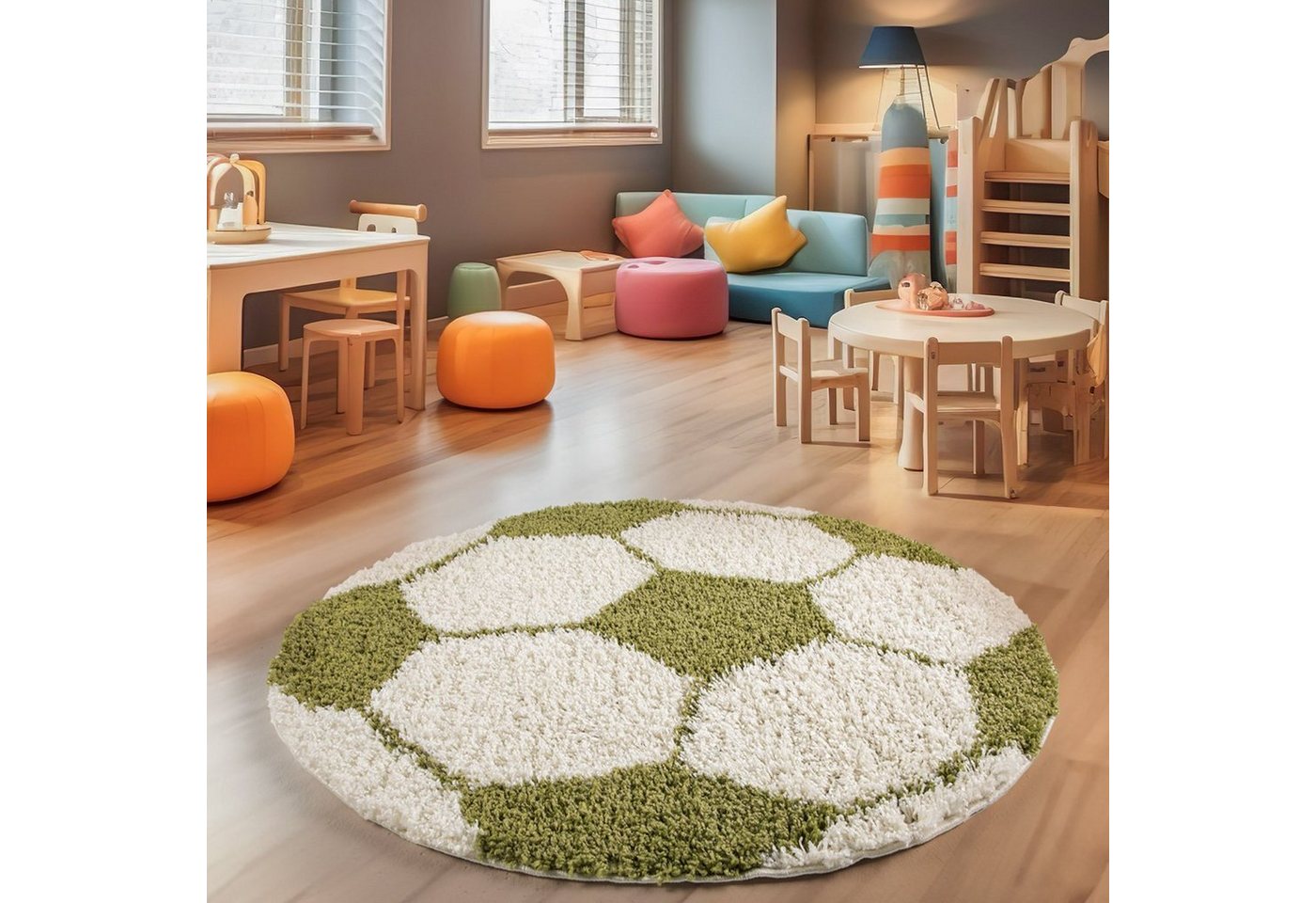 Teppich Fußball-Design, SIMPEX24, Rund, Höhe: 30 mm, Fußball-Form Kinderzimmer große Auswahl Farben und Größen von SIMPEX24