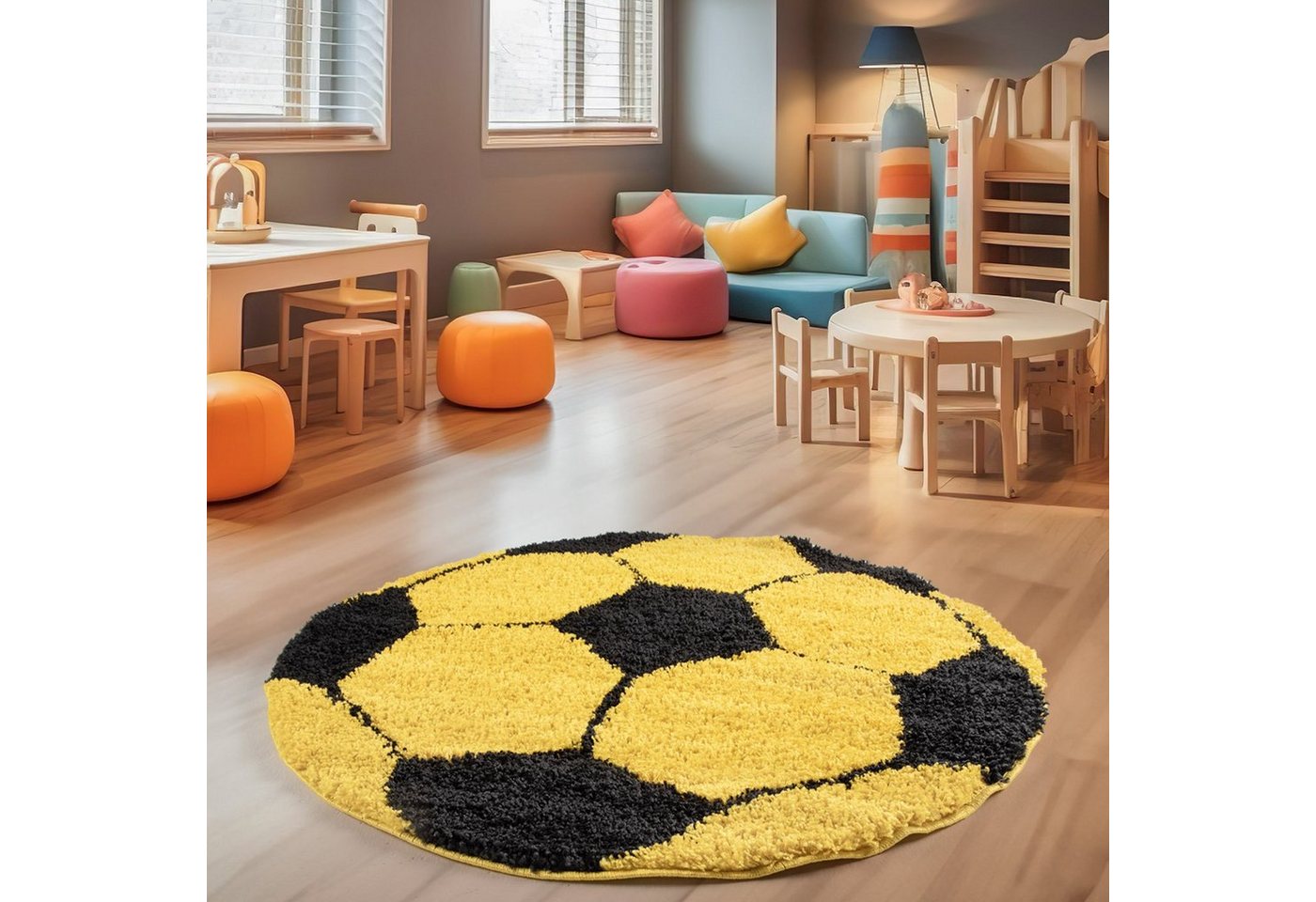 Teppich Fußball-Design, SIMPEX24, Rund, Höhe: 30 mm, Fußball-Form Kinderzimmer große Auswahl Farben und Größen von SIMPEX24