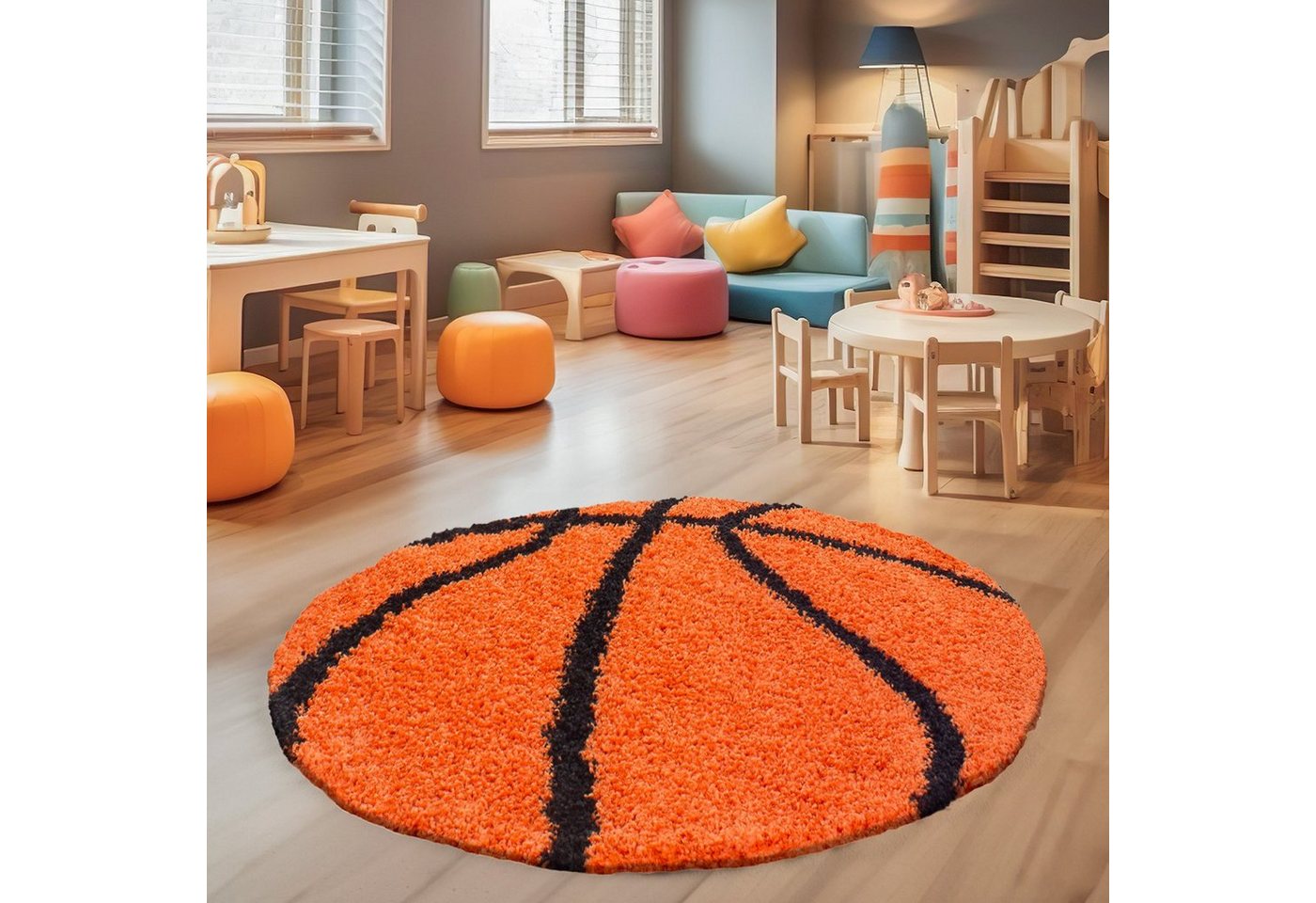 Teppich Basketball Design, SIMPEX24, Rund, Höhe: 30 mm, Fußball-Form Kinderzimmer große Auswahl Farben und Größen von SIMPEX24