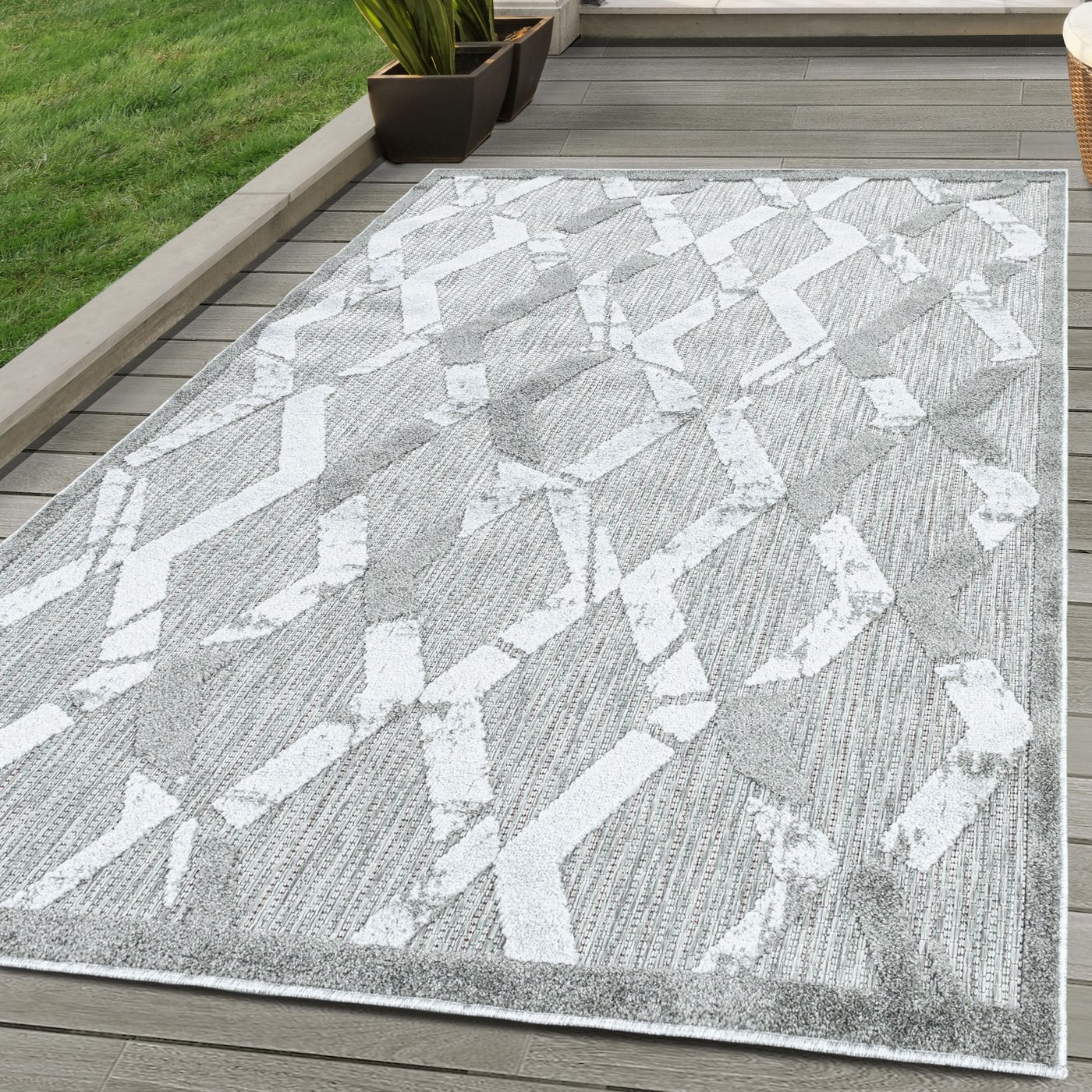 Outdoorteppich Boho-Design, SIMPEX24, Läufer, Höhe: 10 mm, Outdoor Teppich Grey farbe 3D Boho Design für Küchen Balkon Terrasse von SIMPEX24