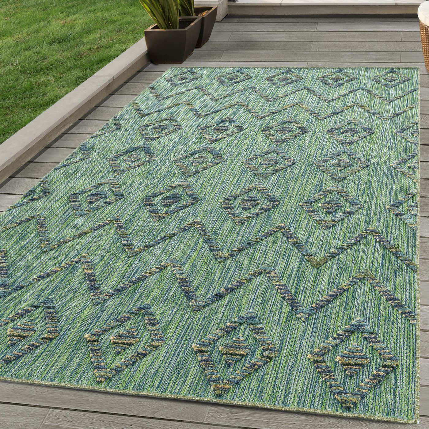 Outdoorteppich Boho-Design, SIMPEX24, Läufer, Höhe: 10 mm, Outdoor Teppich Grün 3D Boho Design für Küchen Balkon Terrasse Garten von SIMPEX24