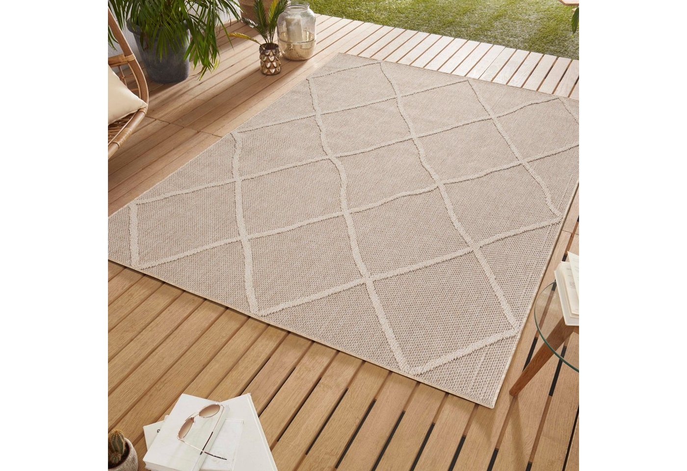 Outdoorteppich Boho-Design, SIMPEX24, Läufer, Höhe: 8 mm, In& Outdoor Teppich Beige Boho Design für Küchen Balkon Terrasse von SIMPEX24